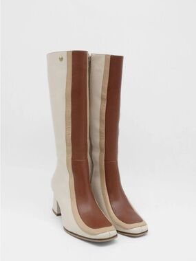 Women's Two-Tone Cream and Brown Leather Knee Boots size 38